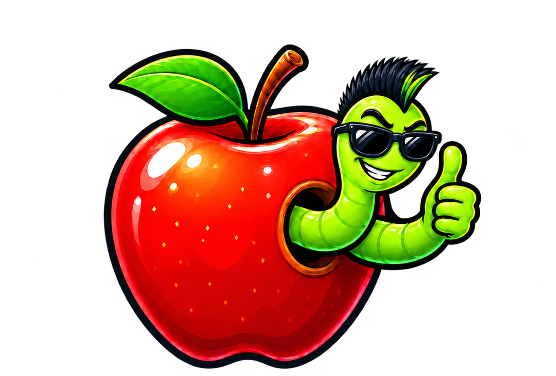 Willie the worm hiding inside a red apple